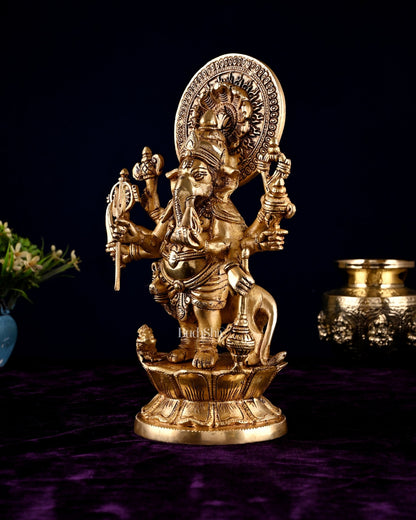 Brass Standing Kana Drishti Ganesha with Eight Arms and Lion 11.4 inch - Budhshiv.com