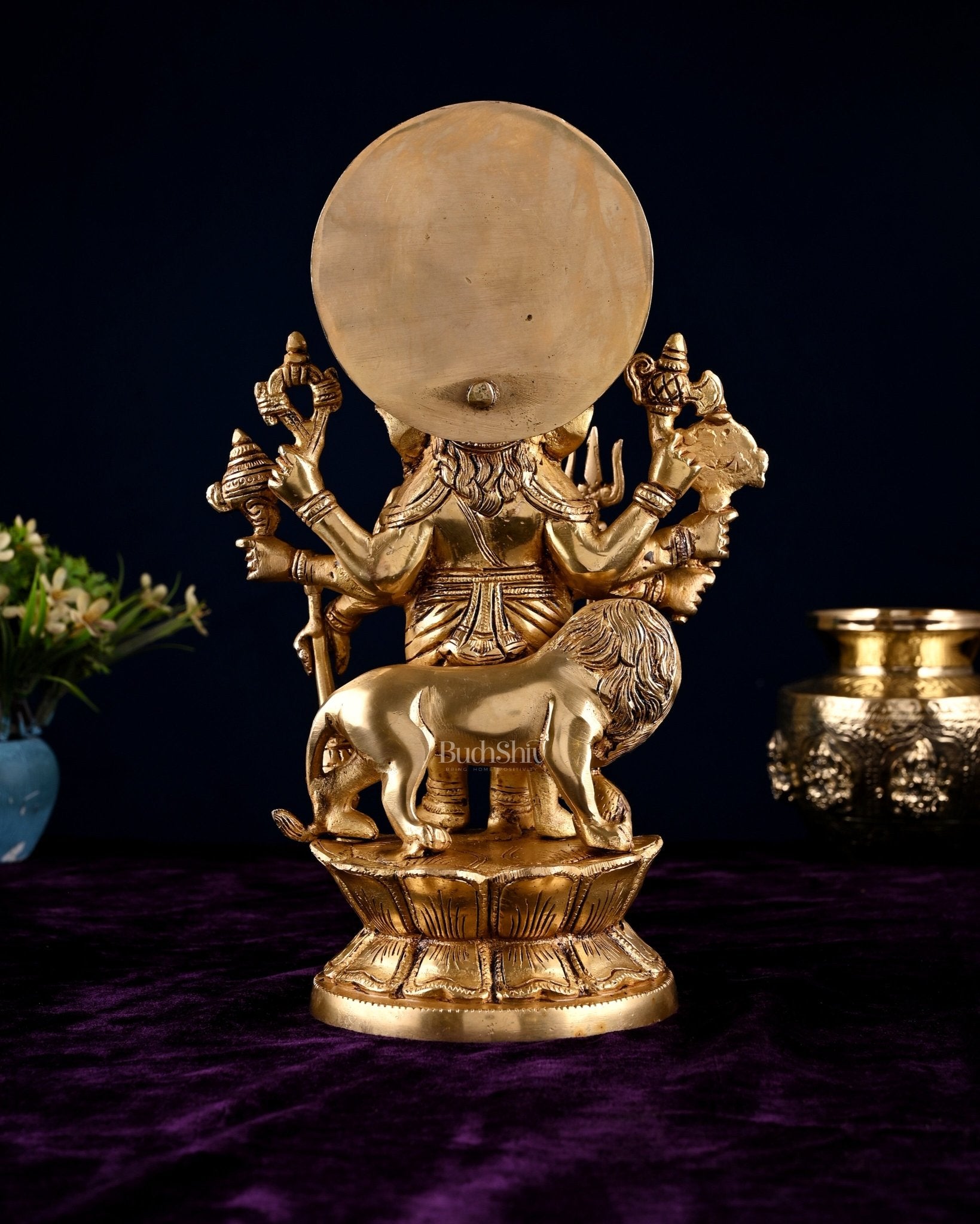 Brass Standing Kana Drishti Ganesha with Eight Arms and Lion 11.4 inch - Budhshiv.com
