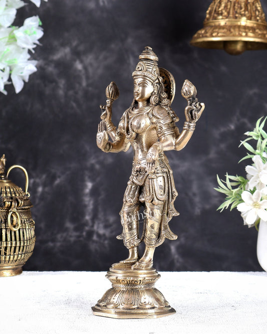 Brass Standing Lakshmi Idol 10 inch matte gold - Budhshiv.com