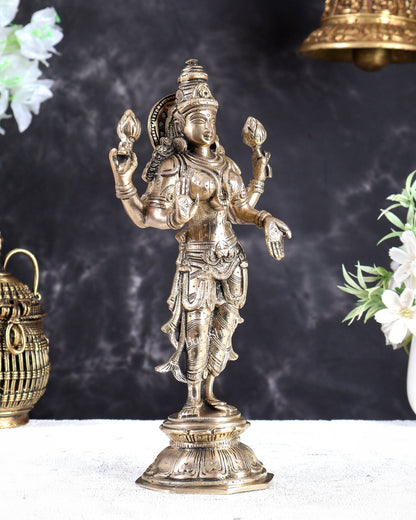 Brass Standing Lakshmi Idol 10 inch matte gold - Budhshiv.com