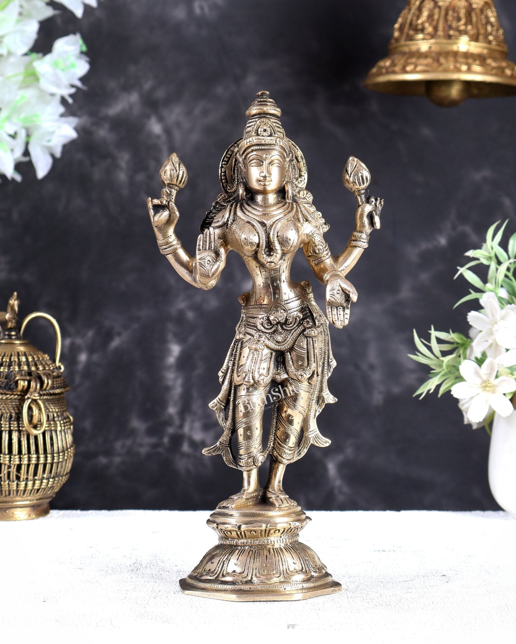 Brass Standing Lakshmi Idol 10 inch matte gold - Budhshiv.com