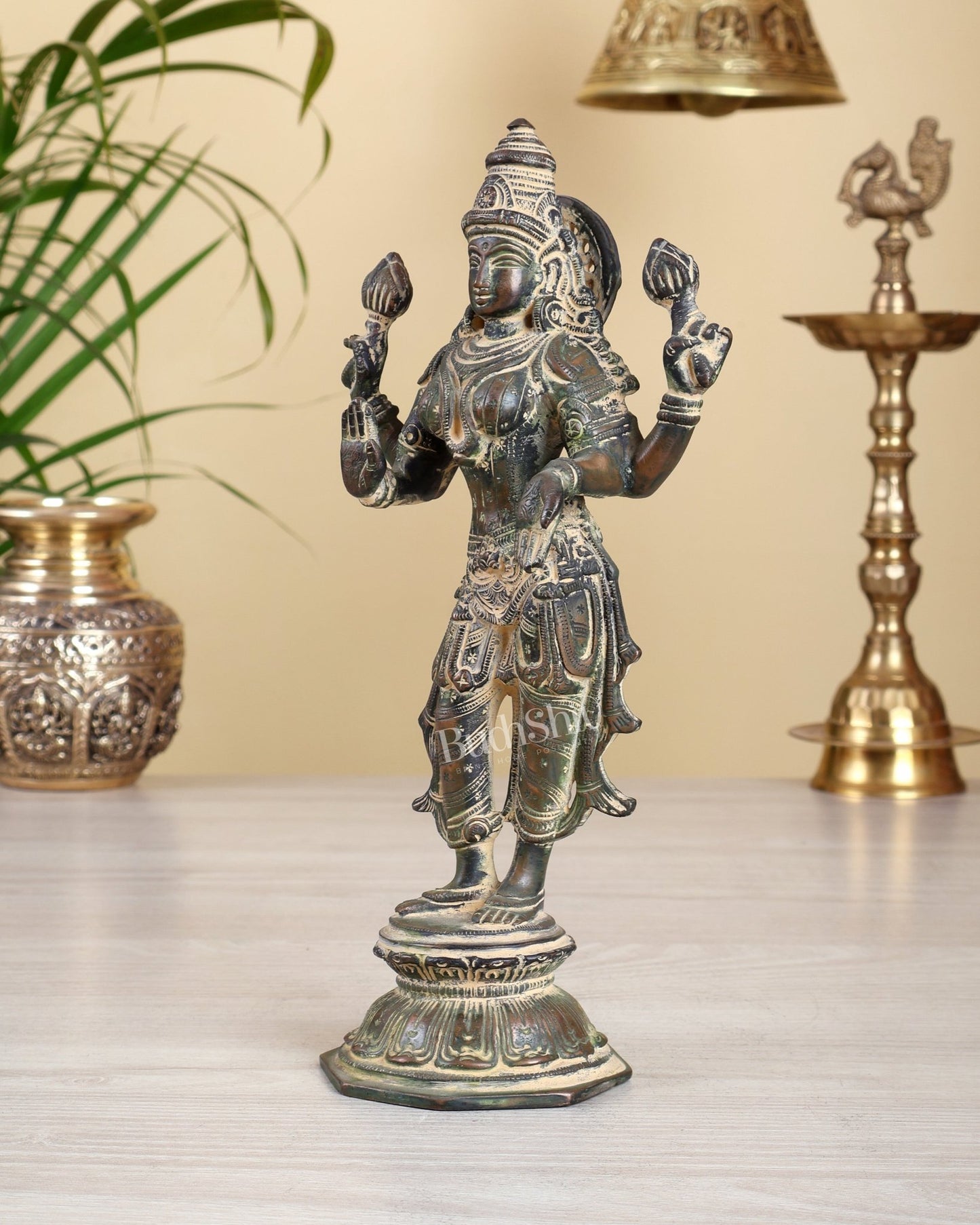 Brass Standing Lakshmi Idol 10" vintage finish - Budhshiv.com