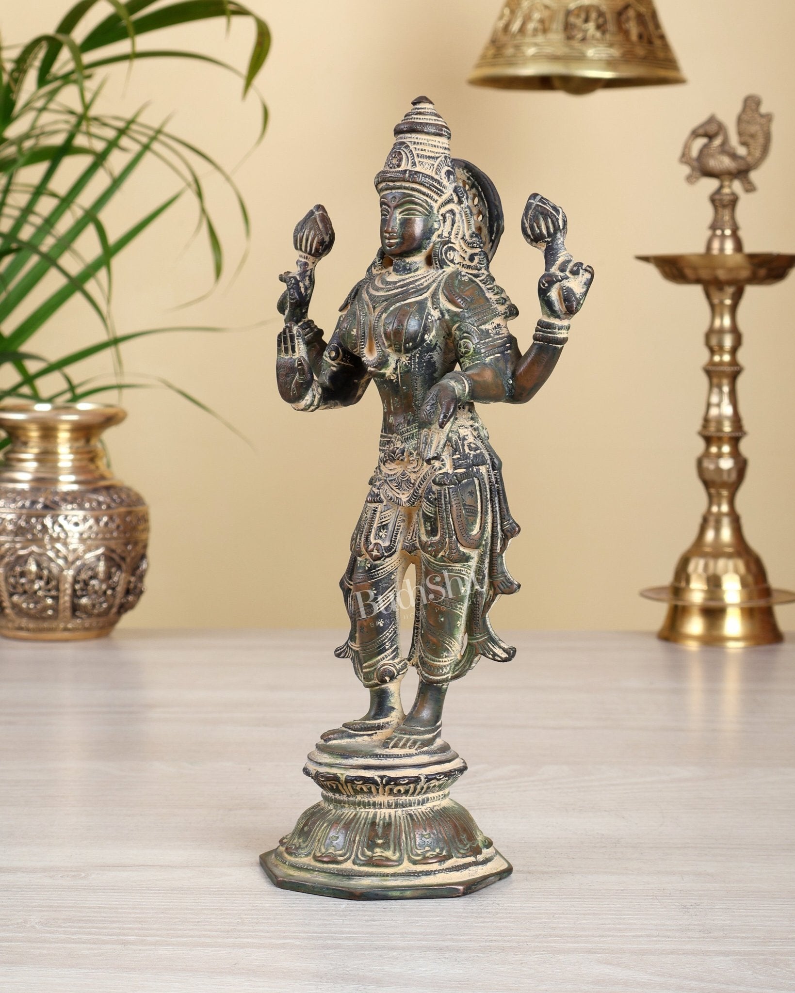 Brass Standing Lakshmi Idol 10" vintage finish - Budhshiv.com