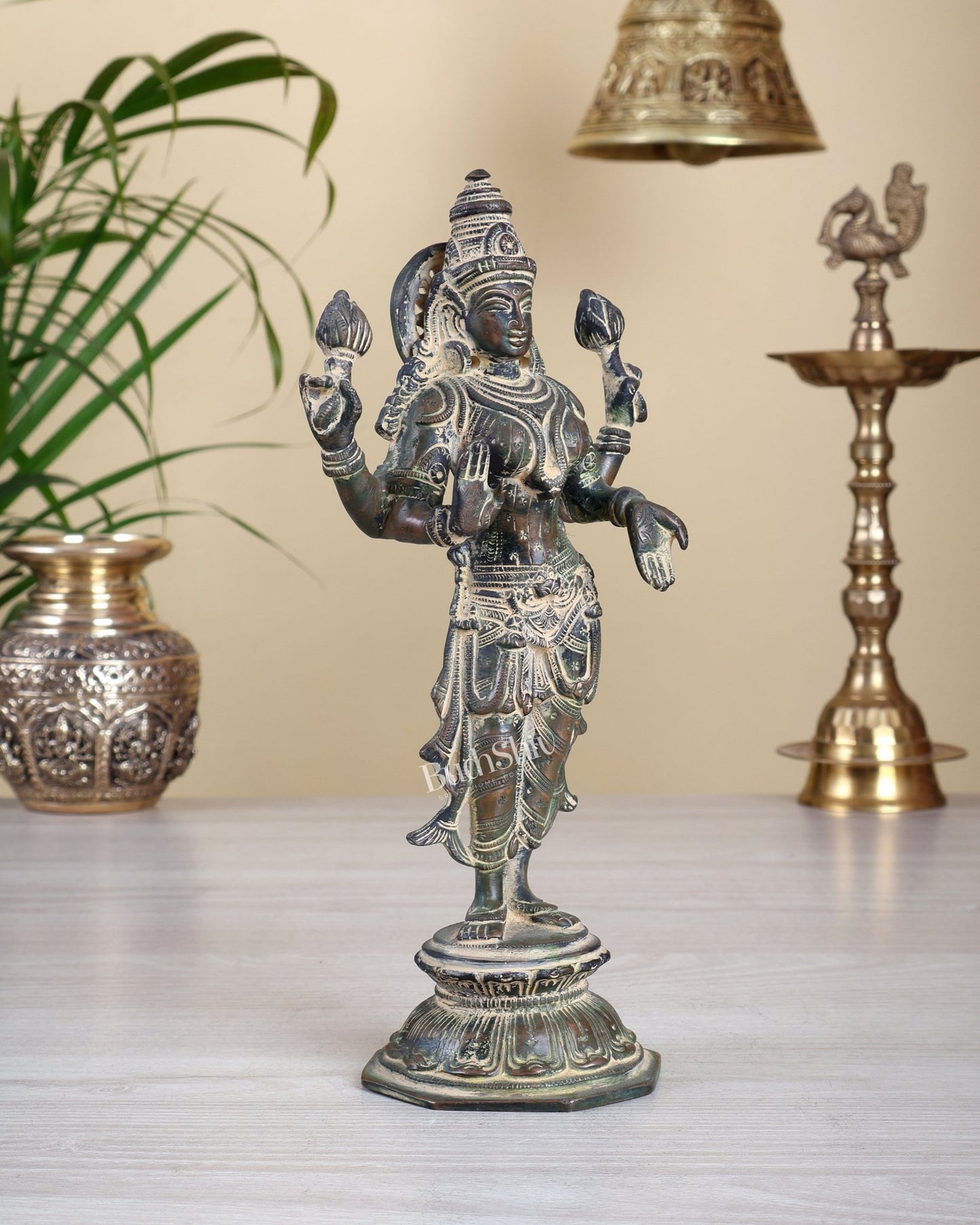 Brass Standing Lakshmi Idol 10" vintage finish - Budhshiv.com