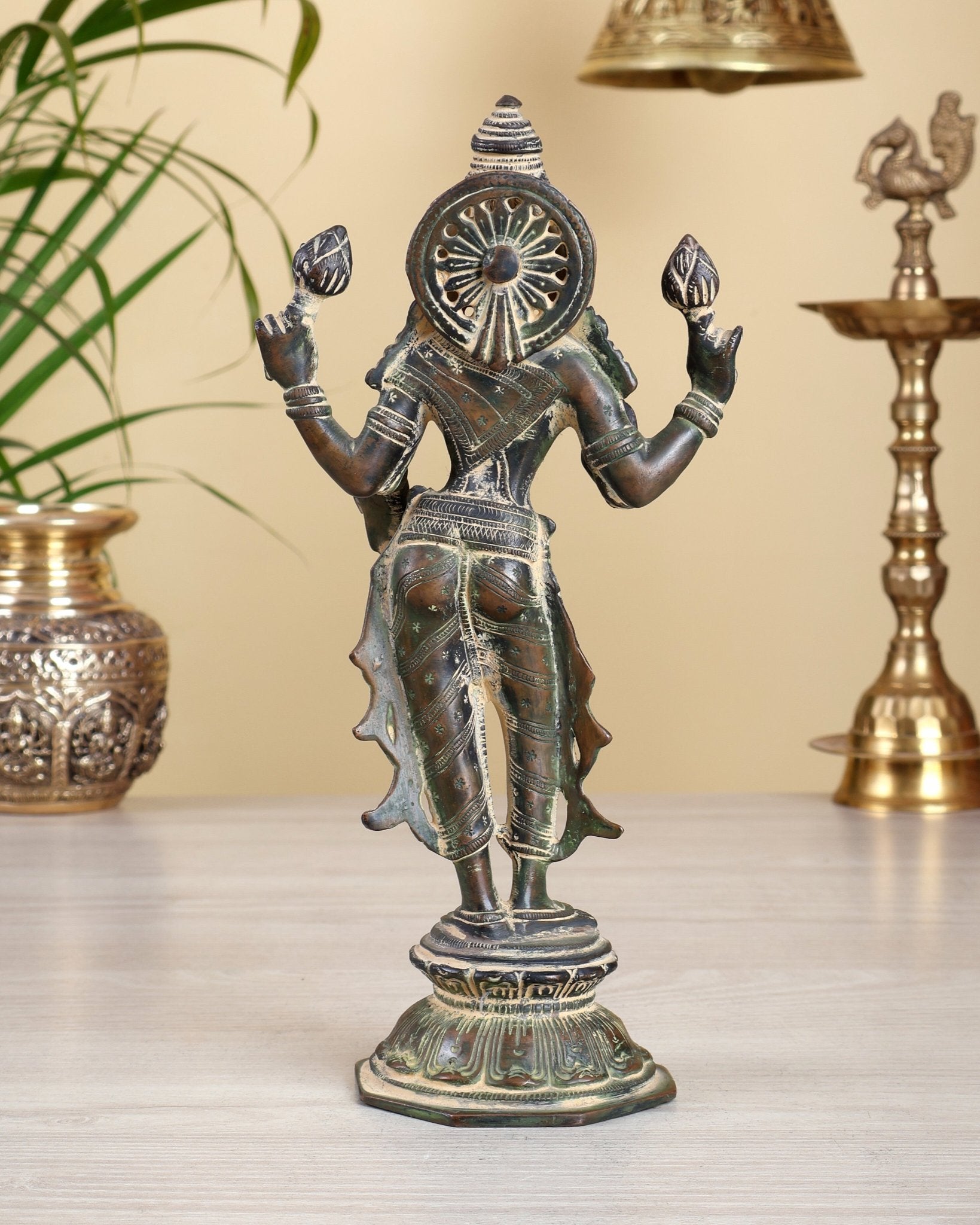 Brass Standing Lakshmi Idol 10" vintage finish - Budhshiv.com