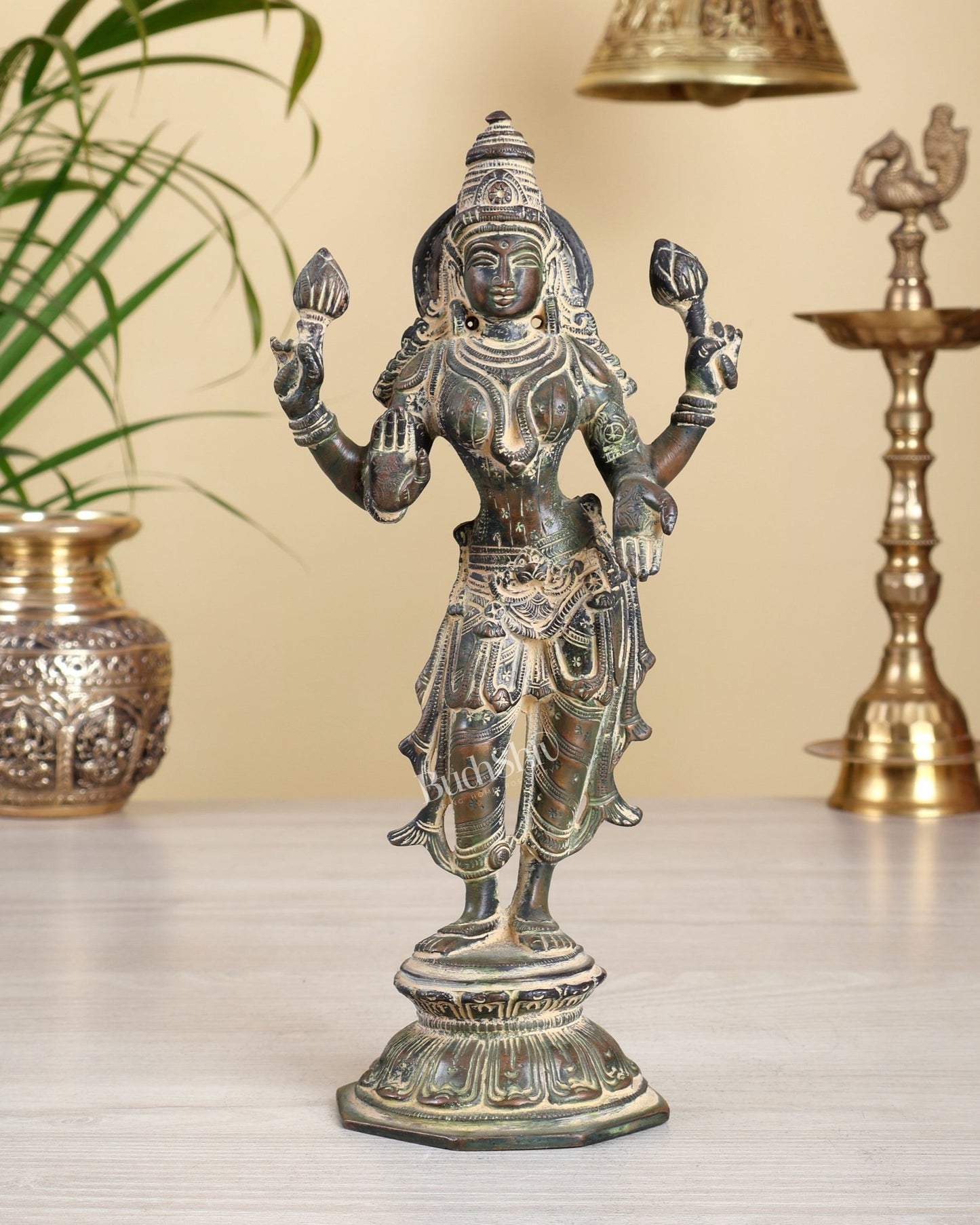 Brass Standing Lakshmi Idol 10" vintage finish - Budhshiv.com