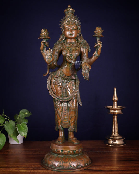 Brass Standing Lakshmi Statue – 24.5” chola bronze layer - Budhshiv.com