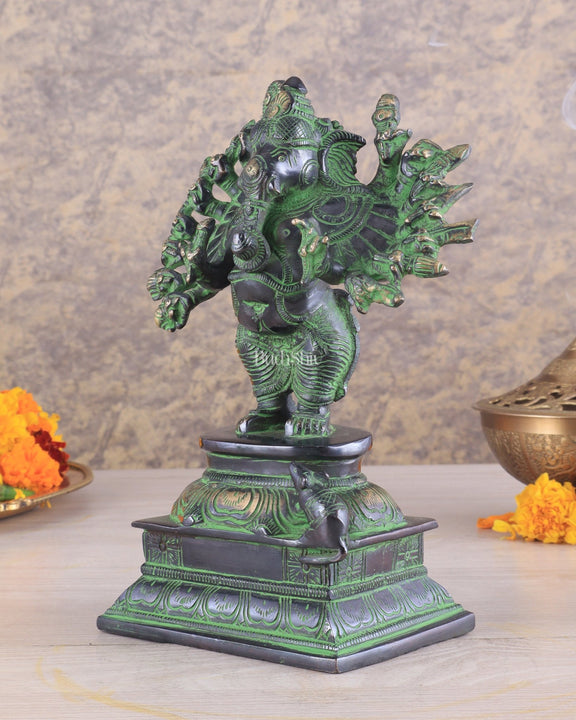 Brass Standing Lord Ganesha Idol with 16 Arms - 8.5 Inch black and green patina tone - Budhshiv.com
