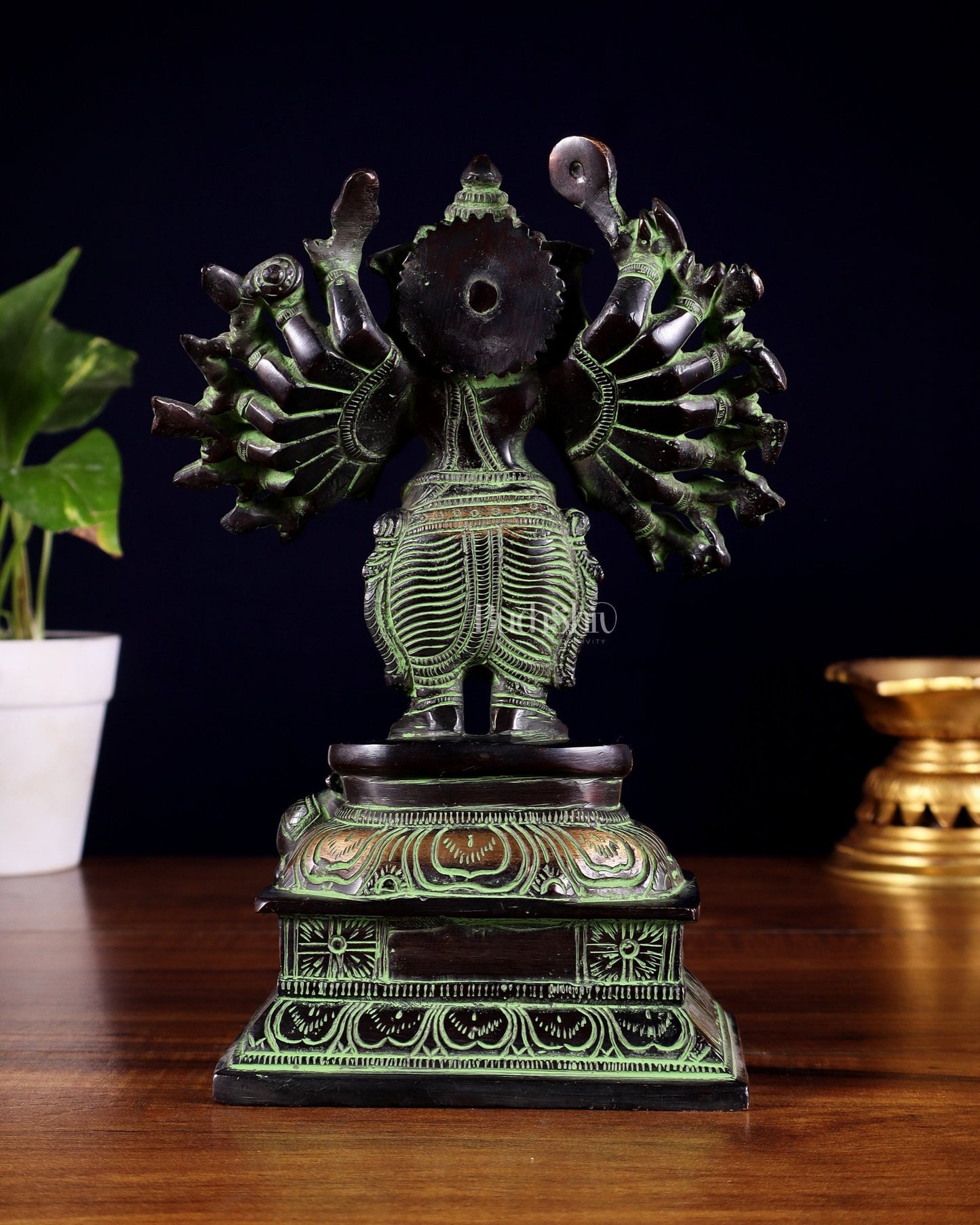 Brass Standing Lord Ganesha Idol with 16 Arms - 8.5 Inch black and green - Budhshiv.com