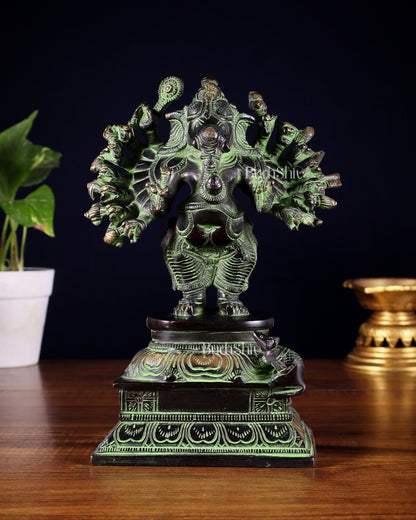 Brass Standing Lord Ganesha Idol with 16 Arms - 8.5 Inch black and green - Budhshiv.com
