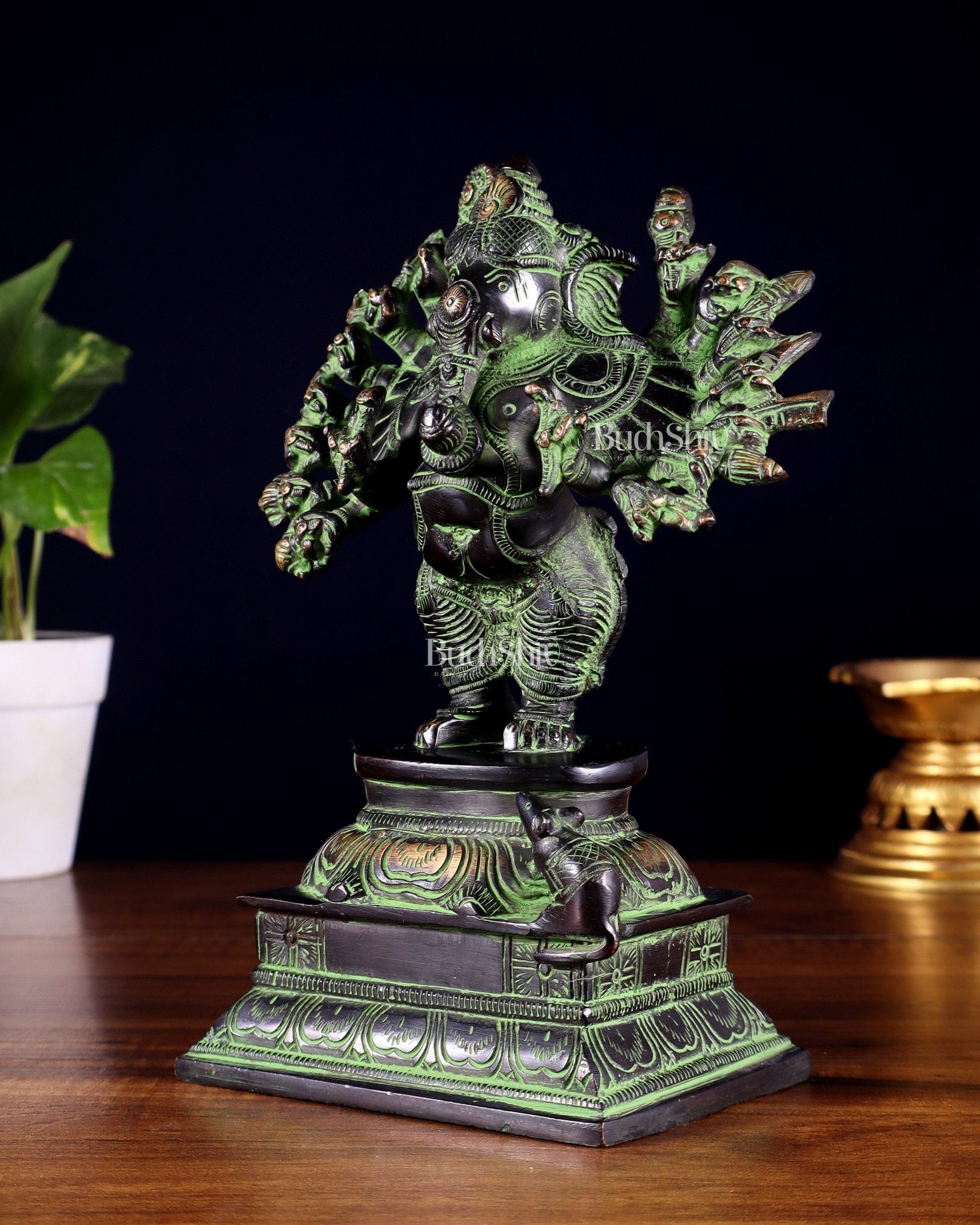Brass Standing Lord Ganesha Idol with 16 Arms - 8.5 Inch black and green - Budhshiv.com
