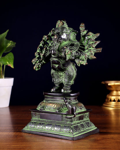 Brass Standing Lord Ganesha Idol with 16 Arms - 8.5 Inch black and green - Budhshiv.com