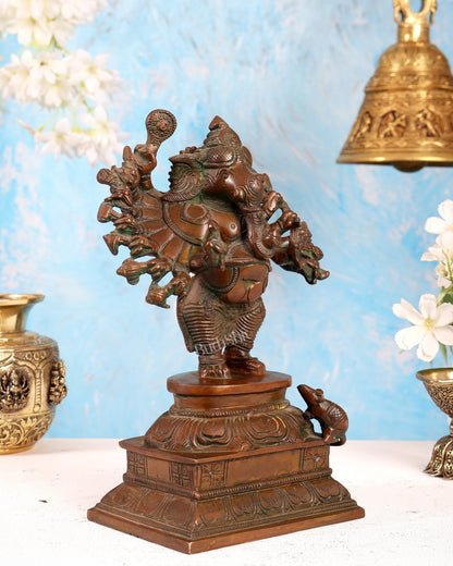 Brass Standing Lord Ganesha Idol with 16 Arms - 8.5 Inch bronze tone - Budhshiv.com
