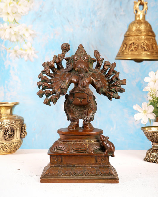 Brass Standing Lord Ganesha Idol with 16 Arms - 8.5 Inch bronze tone - Budhshiv.com