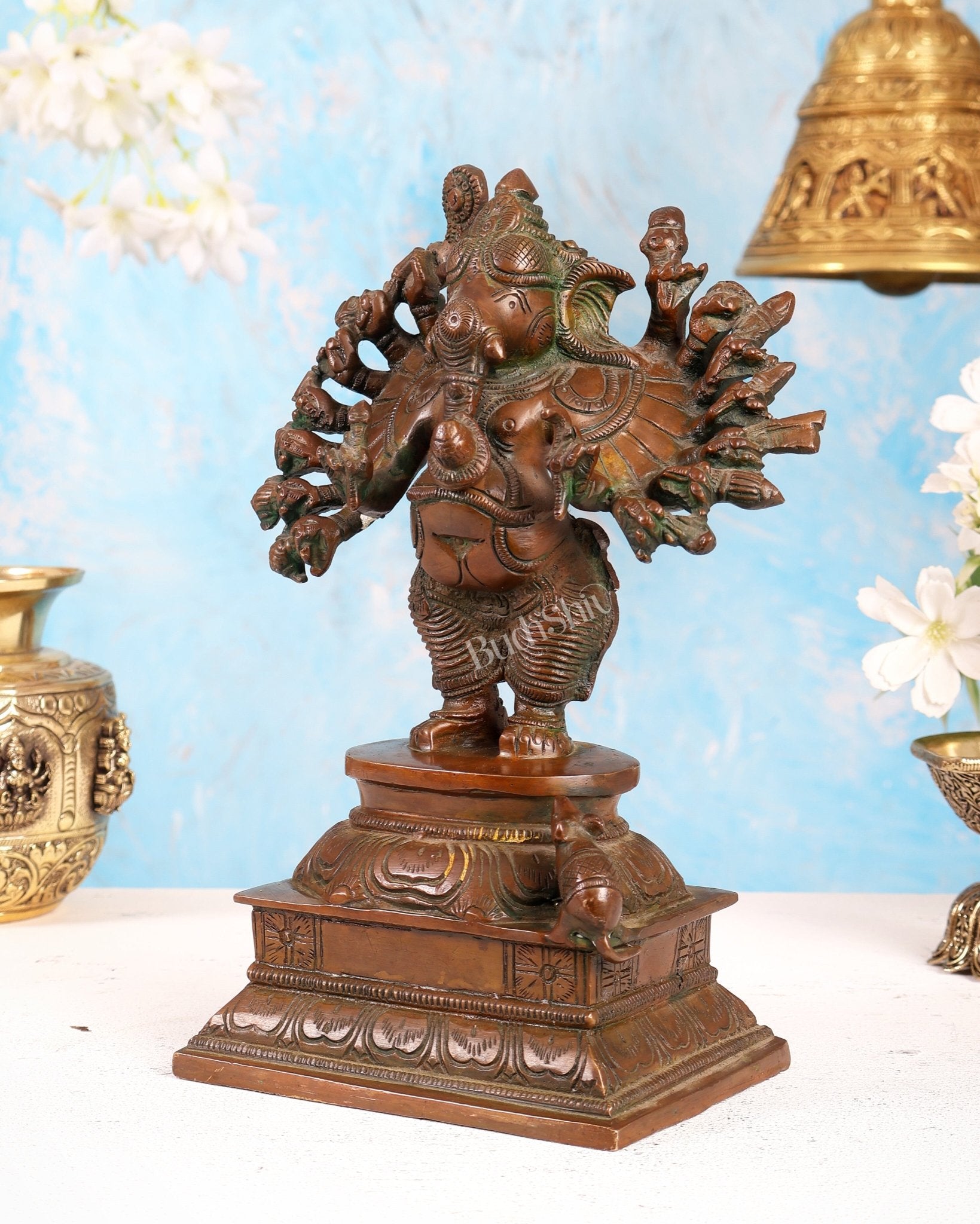 Brass Standing Lord Ganesha Idol with 16 Arms - 8.5 Inch bronze tone - Budhshiv.com