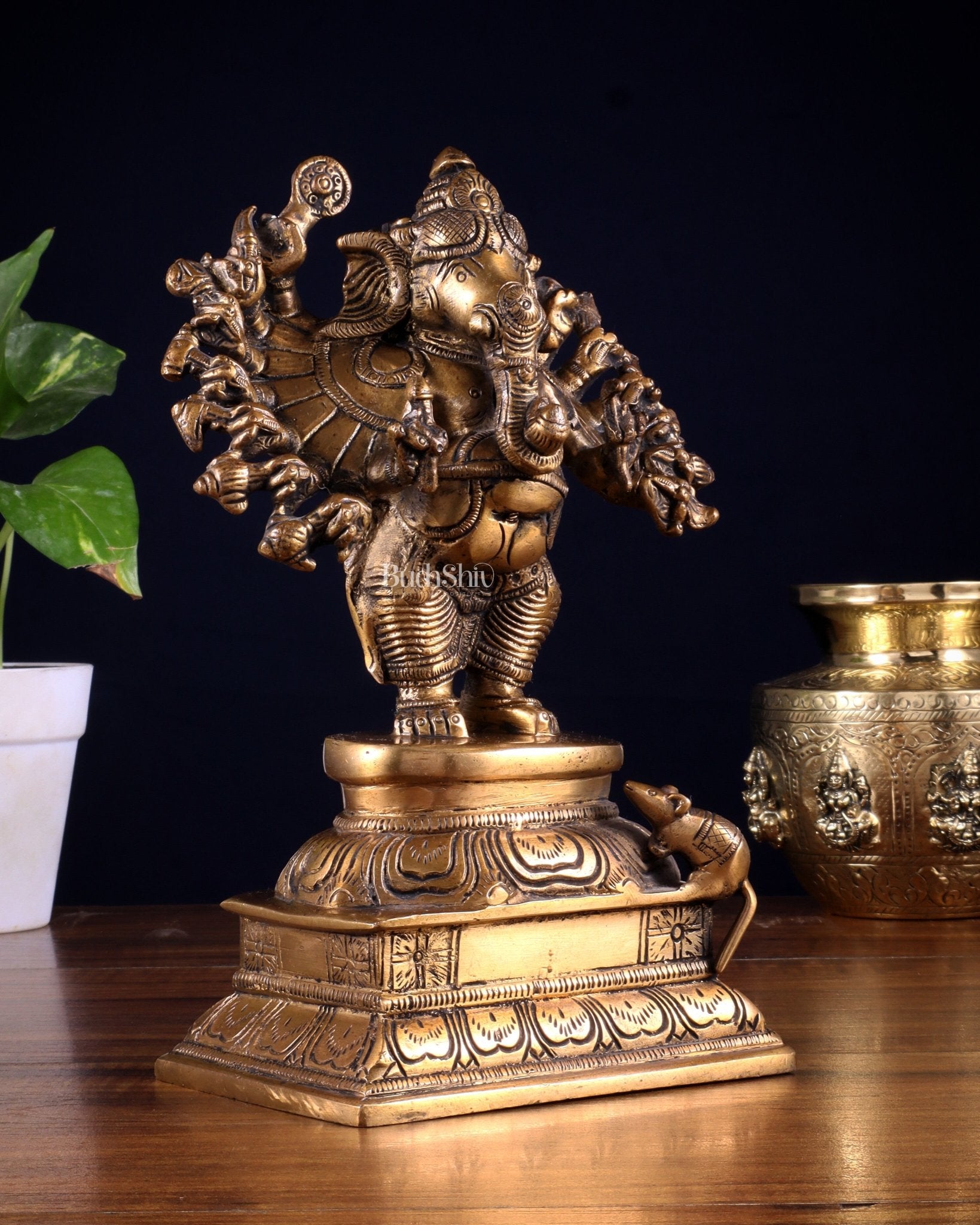 Brass Standing Lord Ganesha Idol with 16 Arms - 8.5 Inch - Budhshiv.com