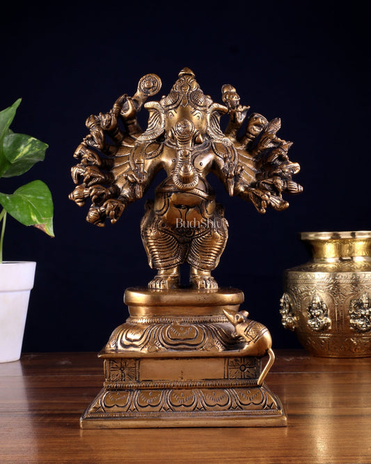 Brass Standing Lord Ganesha Idol with 16 Arms - 8.5 Inch - Budhshiv.com