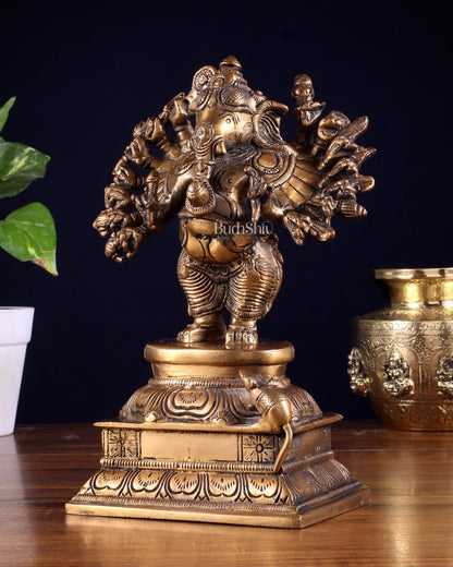 Brass Standing Lord Ganesha Idol with 16 Arms - 8.5 Inch - Budhshiv.com