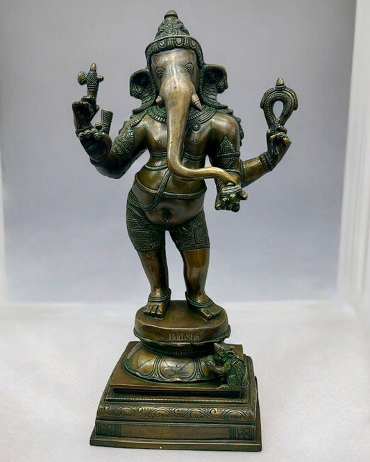 Brass Standing Lord Ganesha Statue - 18 " Chola - Budhshiv.com
