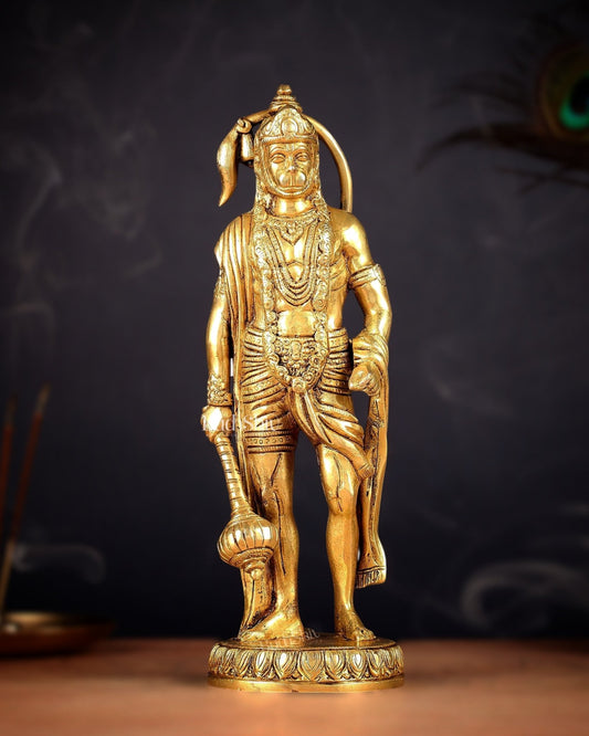 Brass standing Lord Hanuman Statue | 10" enhanced carvings - Budhshiv.com