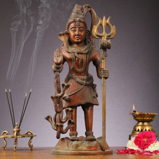 Brass Standing Lord Shiva Statue - Rustic finish - 18" - Budhshiv.com