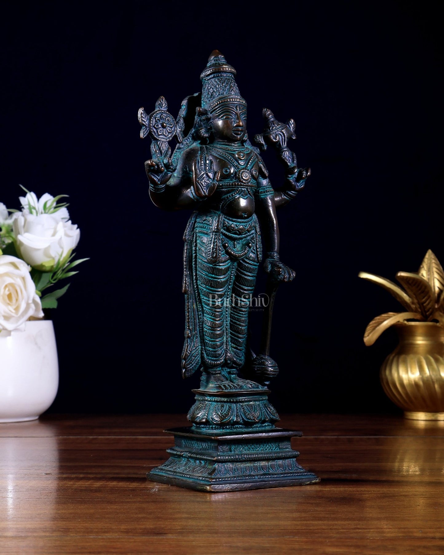Brass Standing Lord Vishnu – Antique Bronze Finish 8 inch - Budhshiv.com