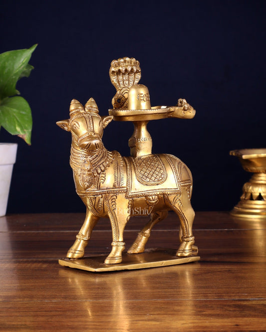 Brass standing Nandi with Shiva Lingam | 7 inch - Budhshiv.com