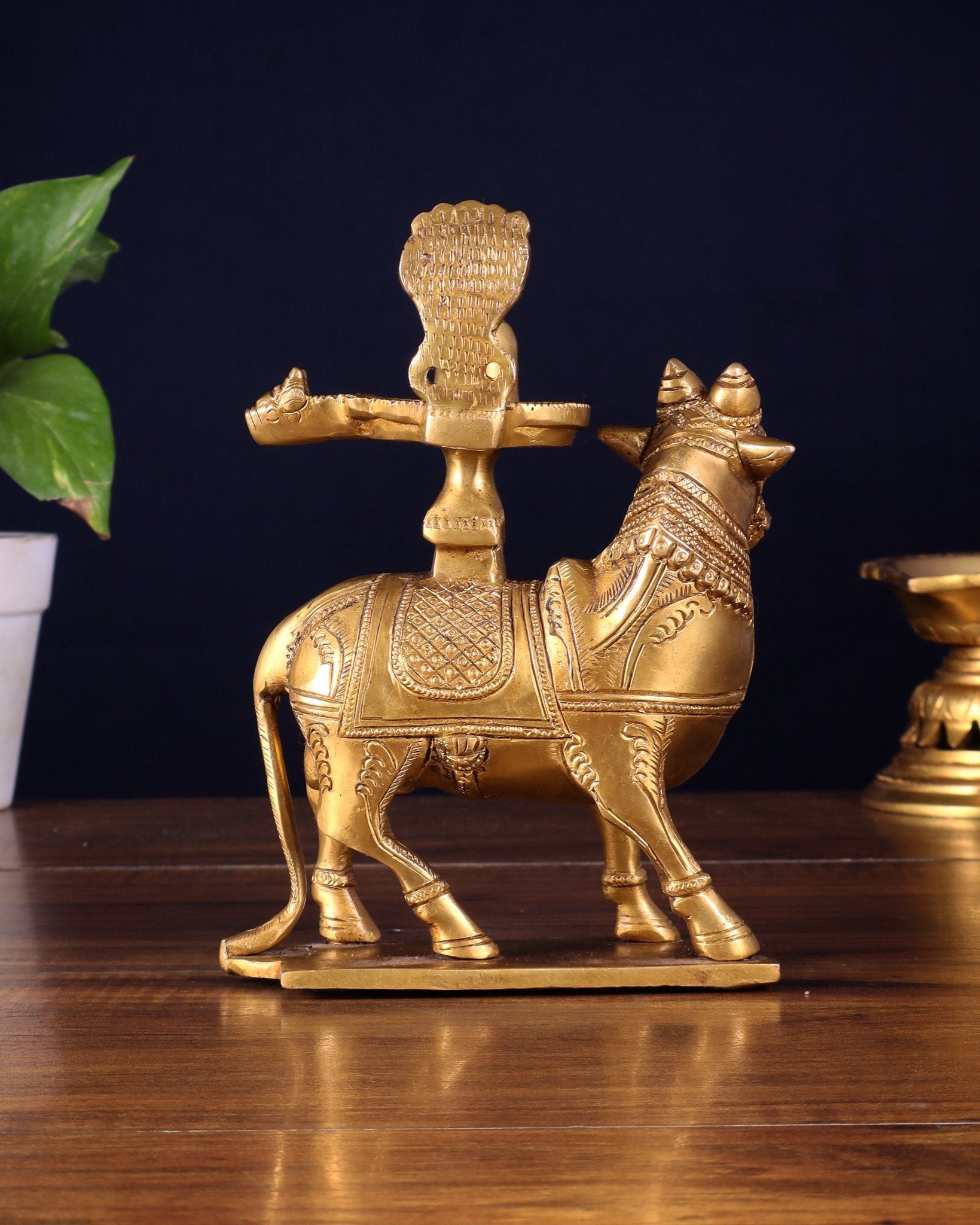 Brass standing Nandi with Shiva Lingam | 7 inch - Budhshiv.com