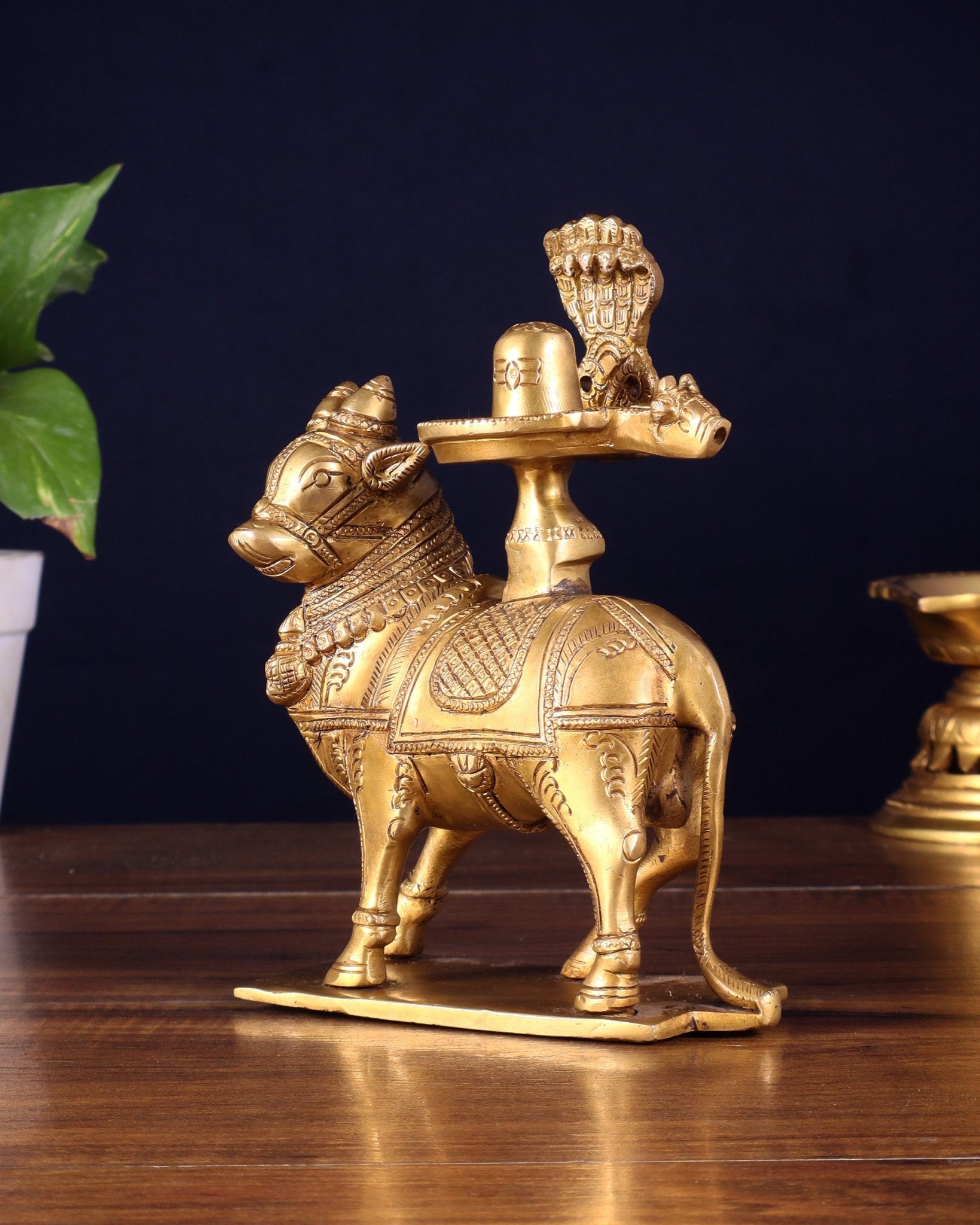 Brass standing Nandi with Shiva Lingam | 7 inch - Budhshiv.com