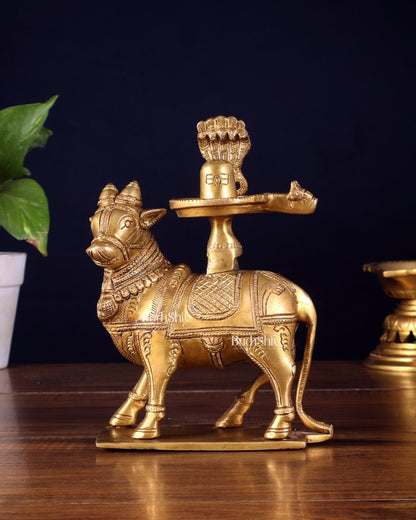 Brass standing Nandi with Shiva Lingam | 7 inch - Budhshiv.com