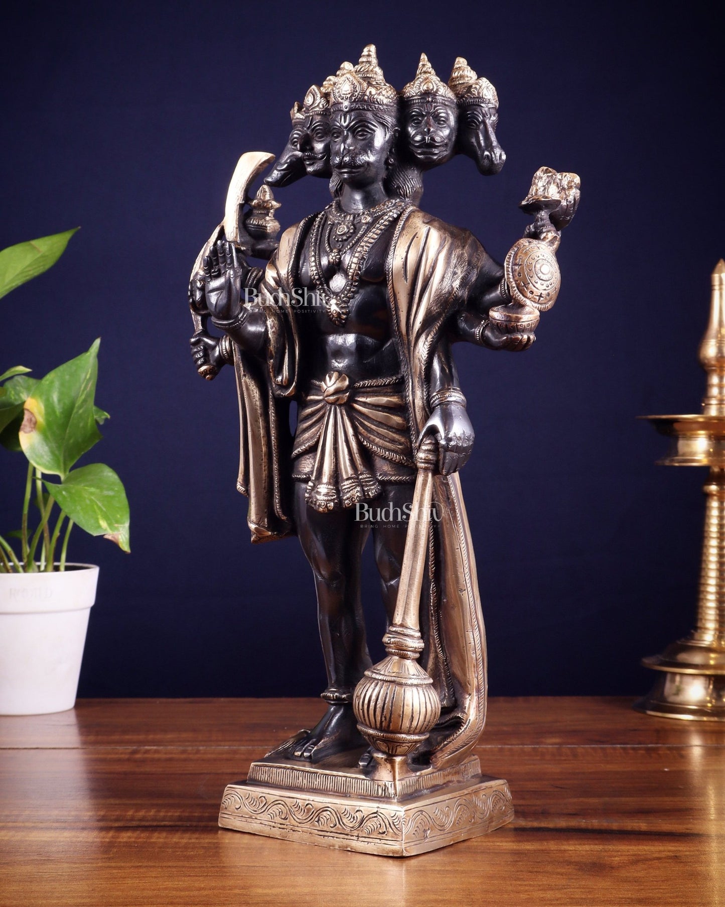 Brass Standing Panchmukhi Hanuman idol 14" black and gold finish - Budhshiv.com