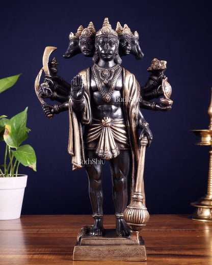 Brass Standing Panchmukhi Hanuman idol 14" black and gold finish - Budhshiv.com