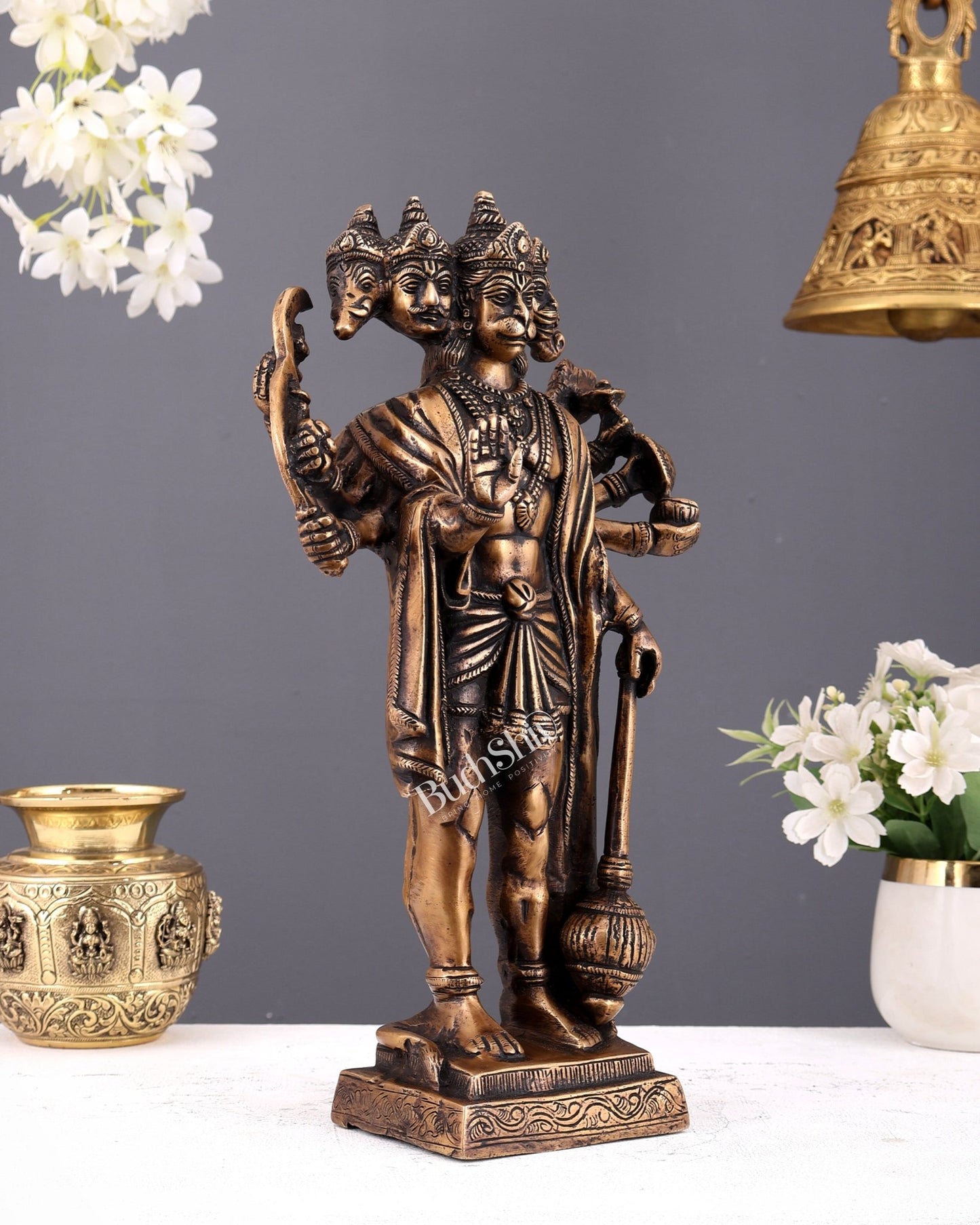 Brass Standing Panchmukhi Hanuman idol 14" vintage tone - Budhshiv.com