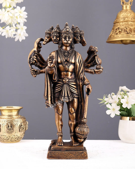 Brass Standing Panchmukhi Hanuman idol 14" vintage tone - Budhshiv.com