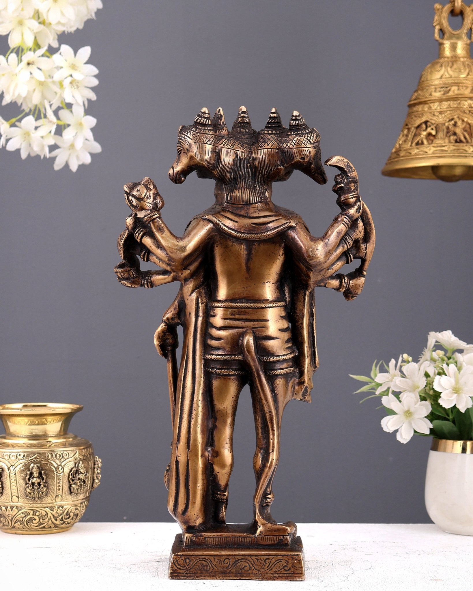 Brass Standing Panchmukhi Hanuman idol 14" vintage tone - Budhshiv.com