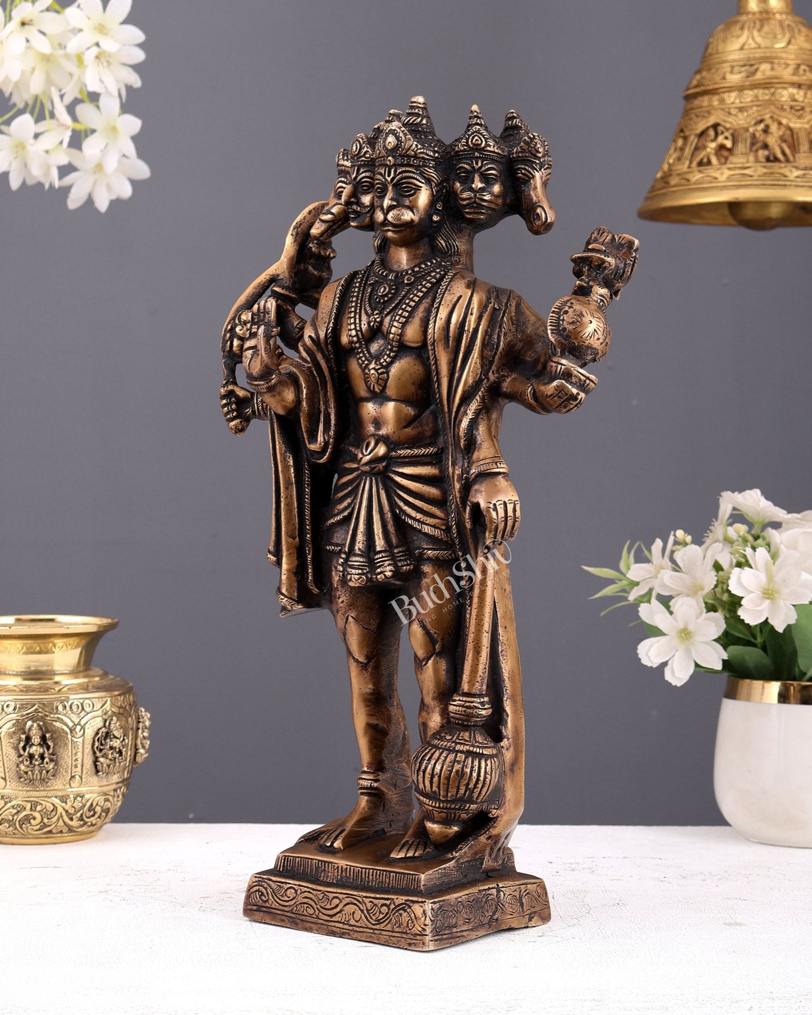 Brass Standing Panchmukhi Hanuman idol 14" vintage tone - Budhshiv.com
