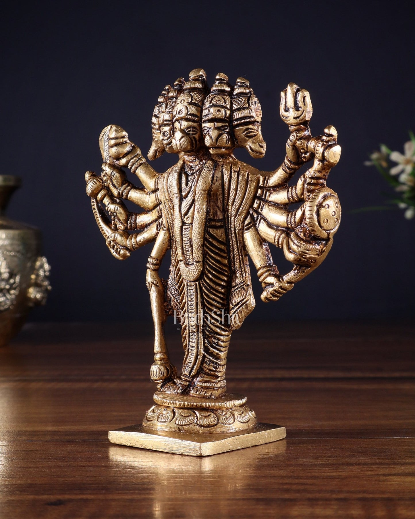 Brass Standing Panchmukhi Hanuman Idol - 5.5" Height - Budhshiv.com