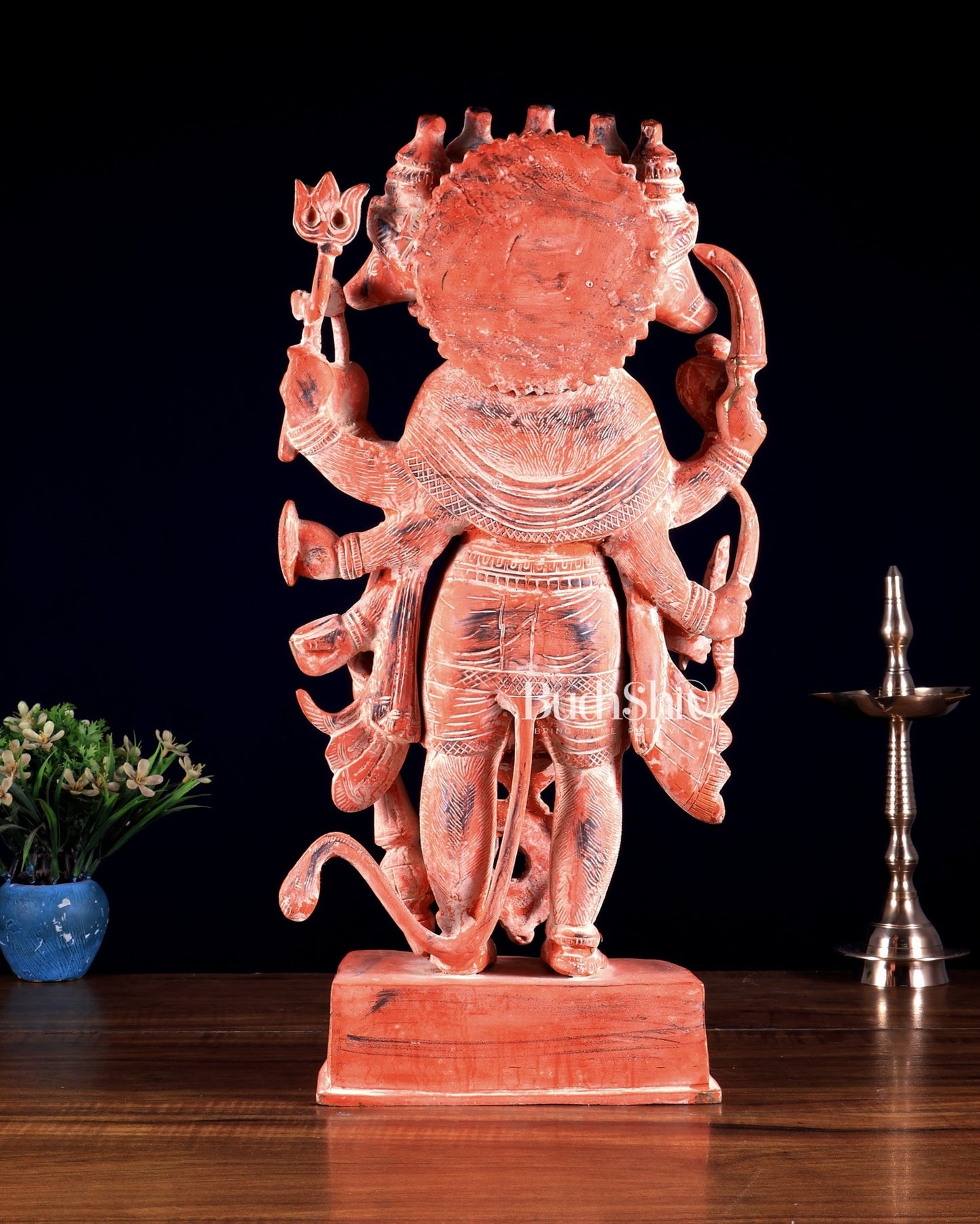 Brass standing Panchmukhi Hanuman Statue - 17.5 Inch vintage pink patina - Budhshiv.com