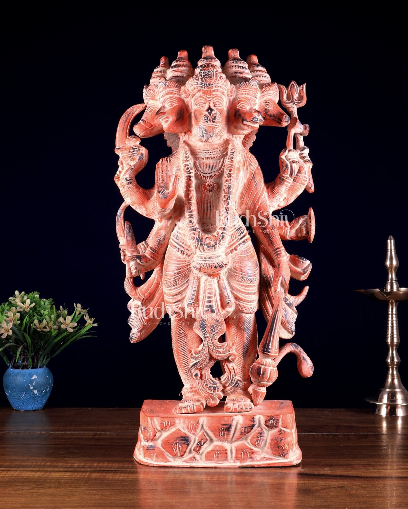 Brass standing Panchmukhi Hanuman Statue - 17.5 Inch vintage pink patina - Budhshiv.com
