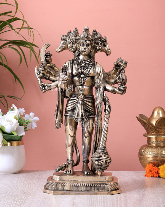 Brass Standing Panchmukhi Hanuman Statue – Antique Finish Superfine Idol (14 Inch) - Budhshiv.com