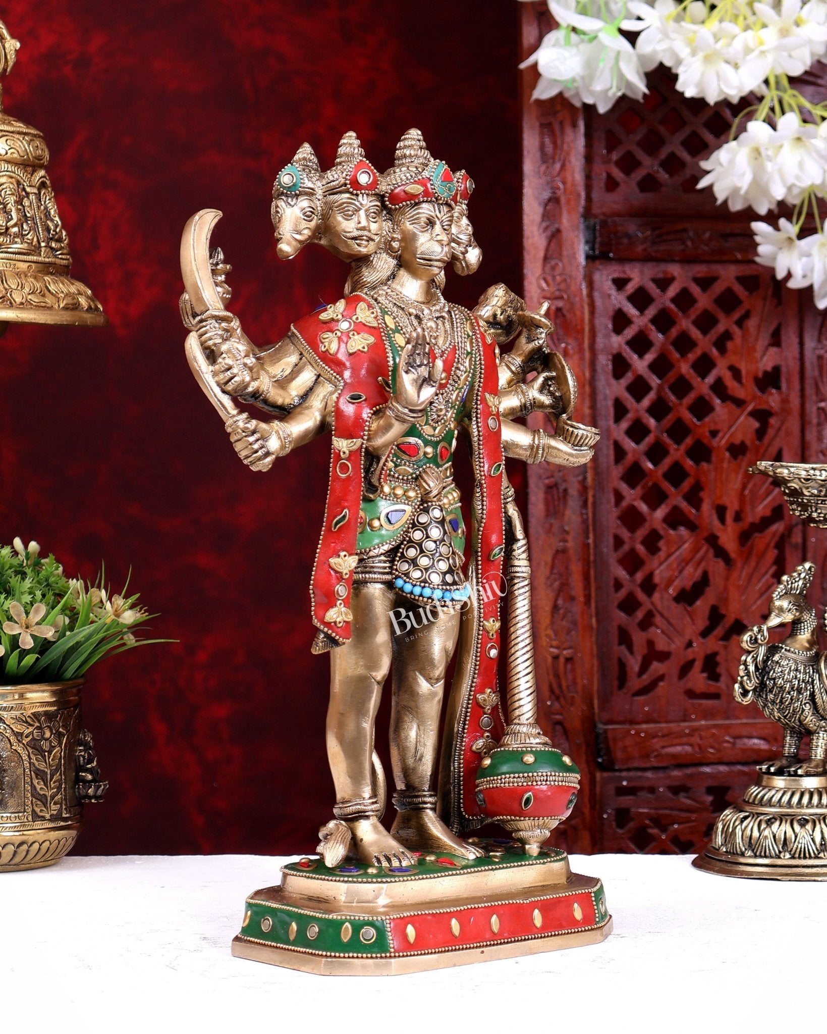 Brass Standing Panchmukhi Hanuman Statue – Superfine Handcrafted Idol (14 Inch) with stonework - Budhshiv.com
