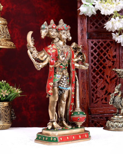 Brass Standing Panchmukhi Hanuman Statue – Superfine Handcrafted Idol (14 Inch) with stonework - Budhshiv.com