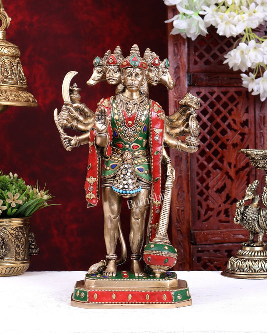 Brass Standing Panchmukhi Hanuman Statue – Superfine Handcrafted Idol (14 Inch) with stonework - Budhshiv.com