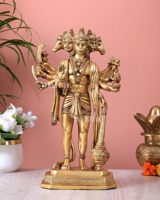 Brass Standing Panchmukhi Hanuman Statue – Superfine Handcrafted Idol (14 Inch) - Budhshiv.com