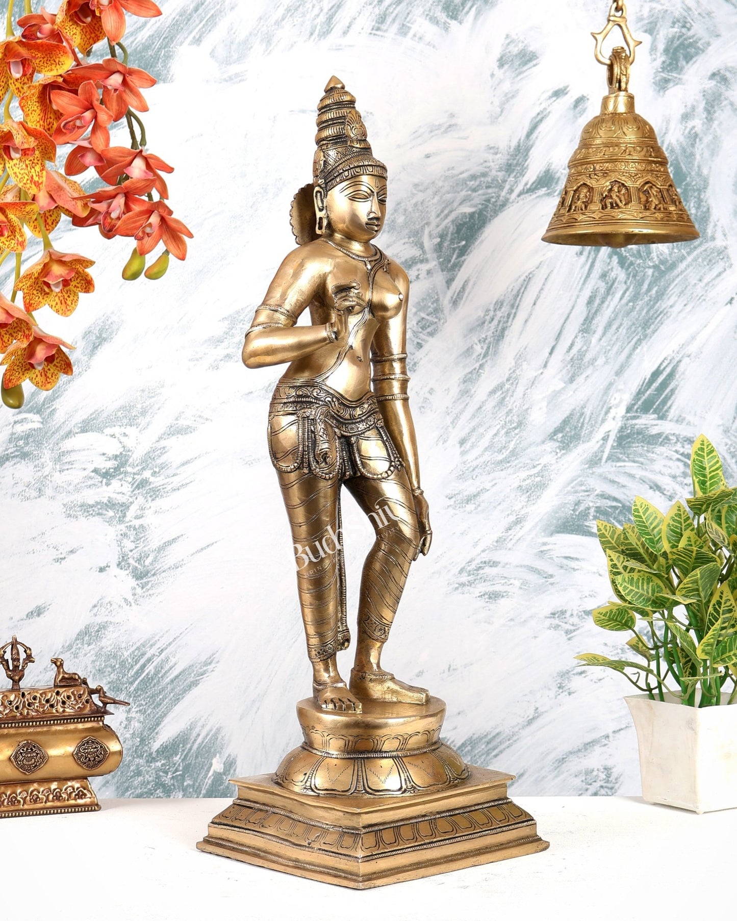Brass Standing Parvati Sivagami Bhoga Shakti Idol – timeless Chola inspired Statue 23" - Budhshiv.com