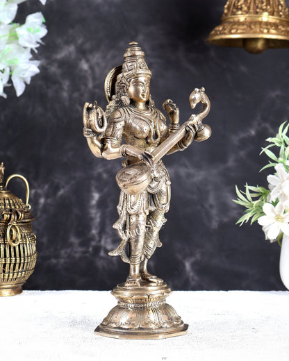 Brass Standing Saraswati Idol 10" matte gold - Budhshiv.com