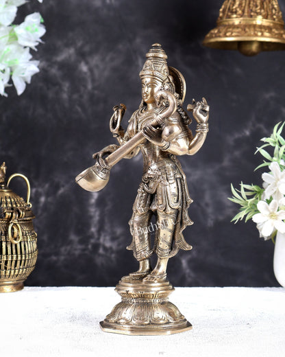 Brass Standing Saraswati Idol 10" matte gold - Budhshiv.com