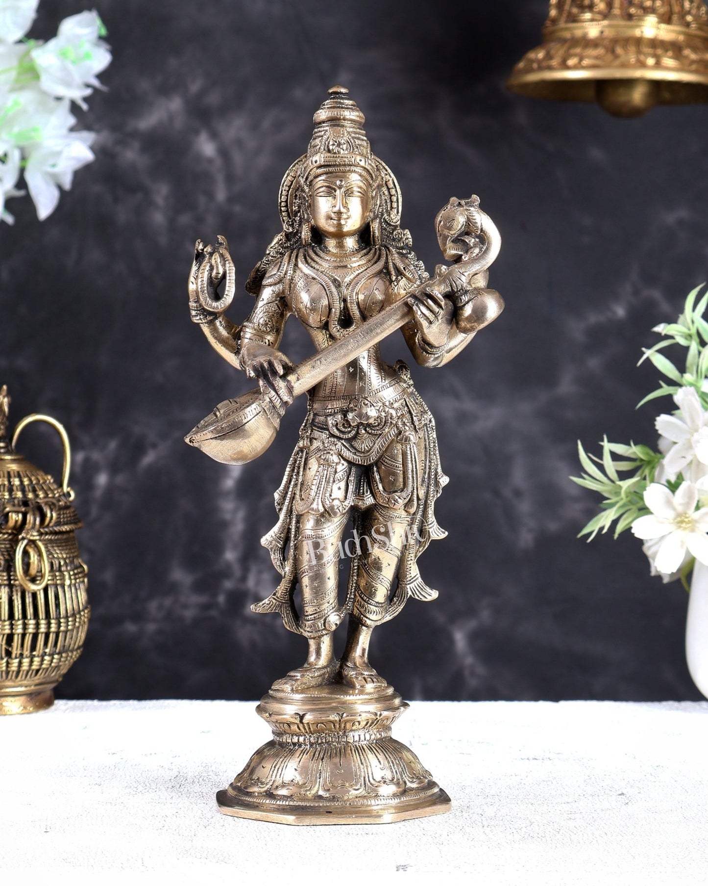 Brass Standing Saraswati Idol 10" matte gold - Budhshiv.com
