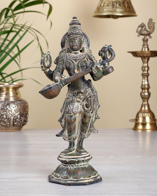 Brass Standing Saraswati Idol 10" vintage finish - Budhshiv.com