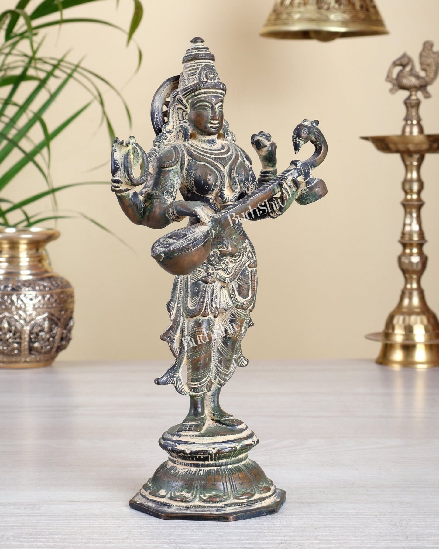 Brass Standing Saraswati Idol 10" vintage finish - Budhshiv.com